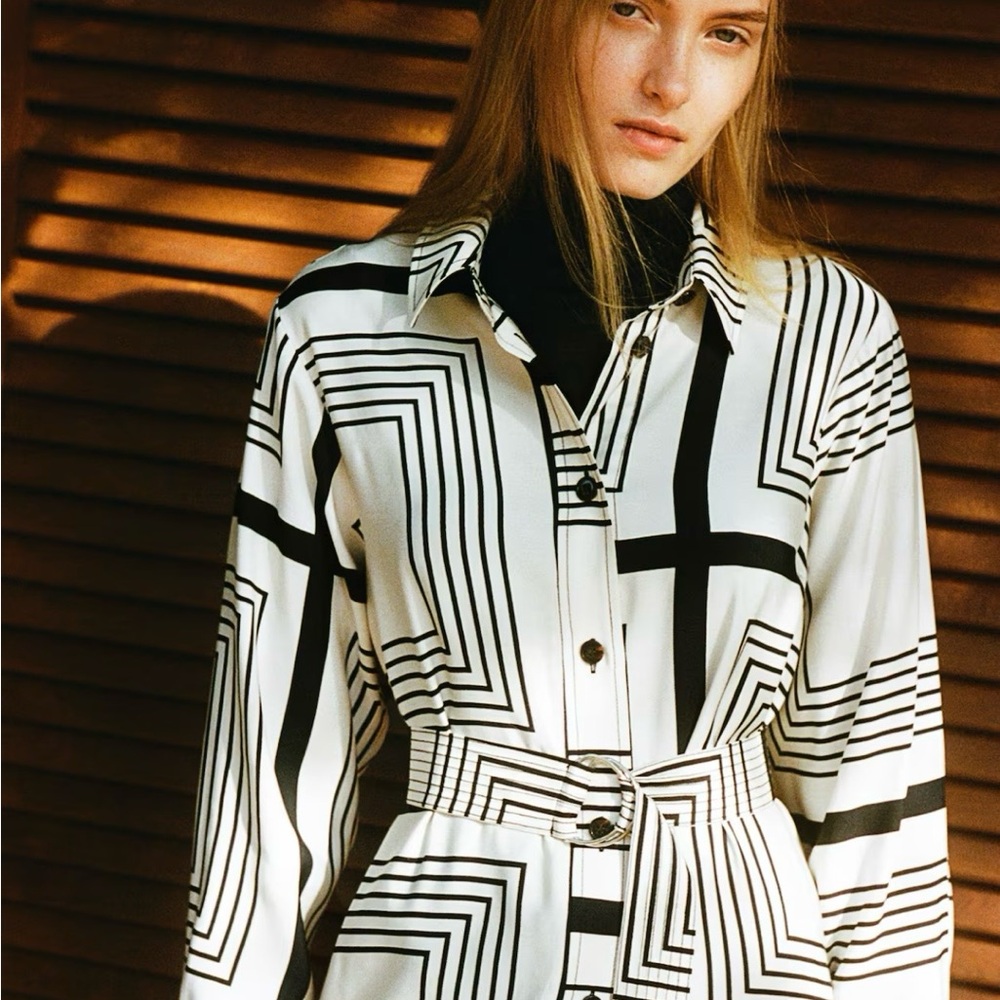 H&M Black and Cream Geometric Patterned Shirt Dress